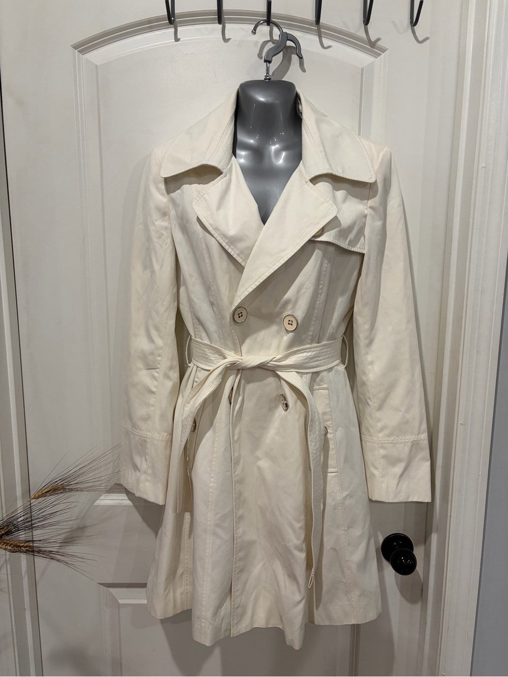 White House Black Market Cream Double-Breasted Trench Coat with Belt.